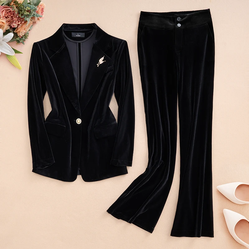 

Spring Autumn Velvet Women's Slim Fit Long Sve Career Sle Outerwear Jaet plus Size Meat Covering Two-Piece Suit