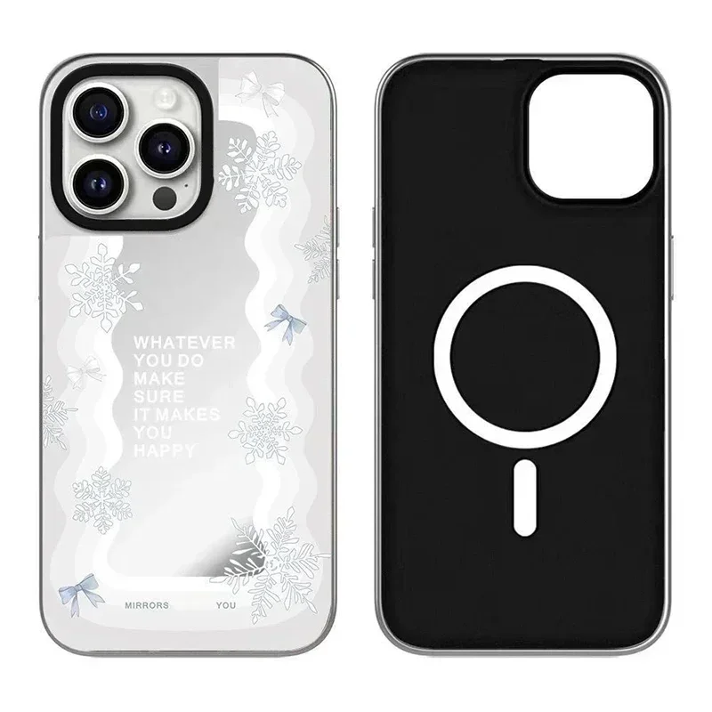 

Christmas Snowflake Wave Black Silver Border iPhone 12 13 14 15 16 Pro Max Mirror Surface MagSafe Case Cover Shell