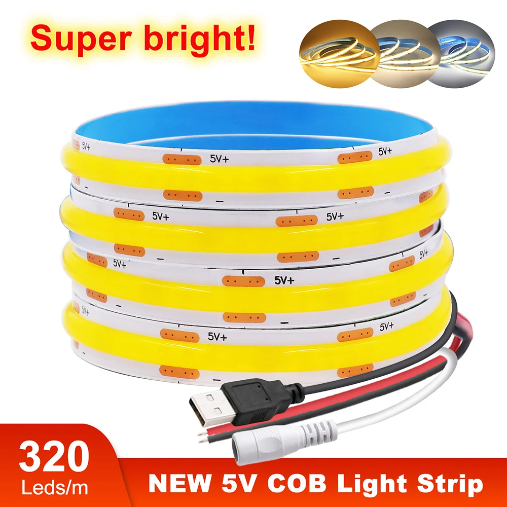 Taśma LED 5V USB COB z 2-pinowym złączem wtykowym DC 3000K 4000K 6000K 320 diod LED Elastyczna taśma Oświetlenie liniowe o wysokiej gęstości