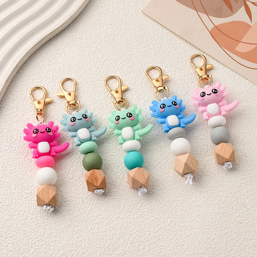1pc Silicone Beads Stroller Hooks  Cartoon Dinosaur Loose Beads Decorative Accessory Silicone Keychain With Lobster Buckle