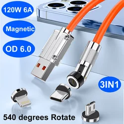 3 in1 USB 120W 6A cavo dati magnetico a ricarica rapida cavo di ricarica per telefono TPE morbido Extra spesso in Silicone liquido per laptop del telefono