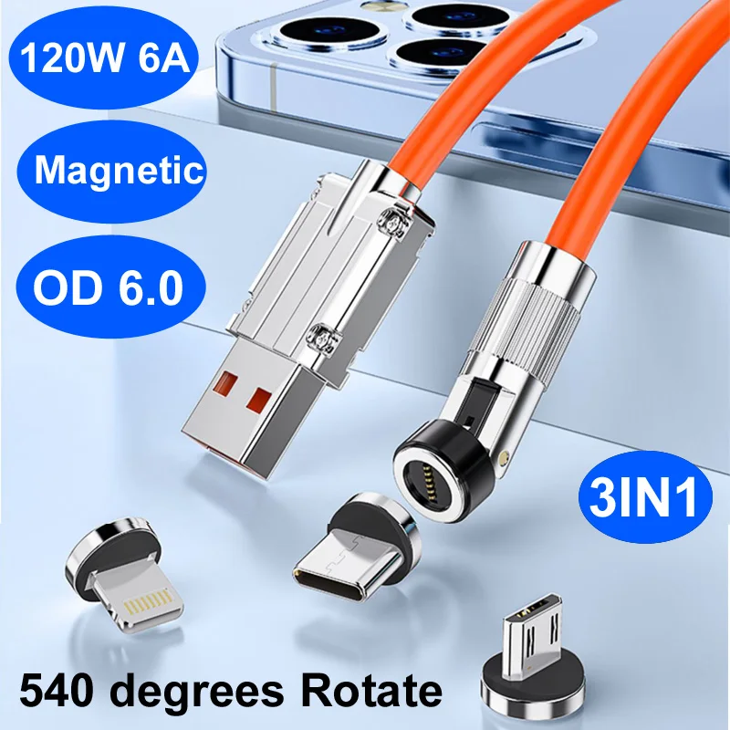 3in1 USB 120W 6A Magnetic Fast Charge Data Cable Extra Thick Soft TPE Phone Charge Cord make of Liquid Silicone for Phone laptop