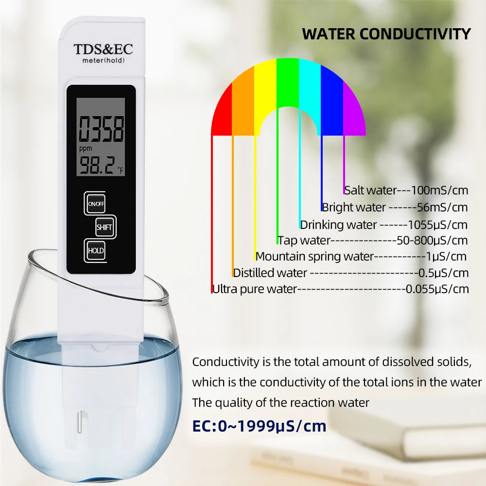 Portable 3 In 1 TDS Tester EC Meter Digital TDS EC Temp Detector Conductivity Water Quality Test Pen for Pool Aquarium