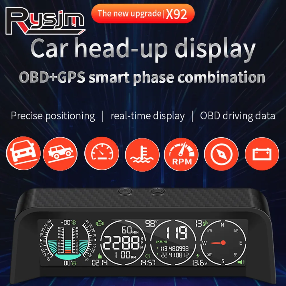 

HD X92 GPS HUD Auto Speedometer OBD Head Up Display Car Smart Digital Intelligent Level Altitude Meter OverSpeed RPM Volt Alarm