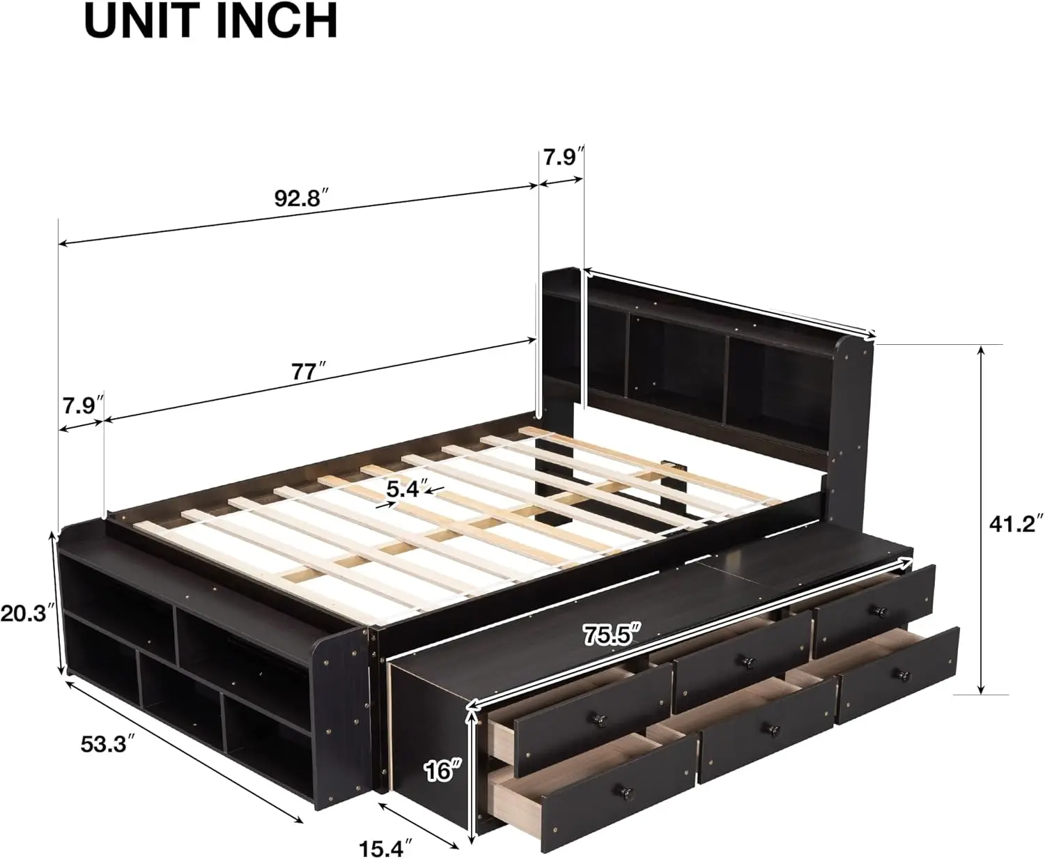 Full Size Platform Bed with Bookcase Headboard and End Storage Case,2-in-1 Removable Underneath Drawers,