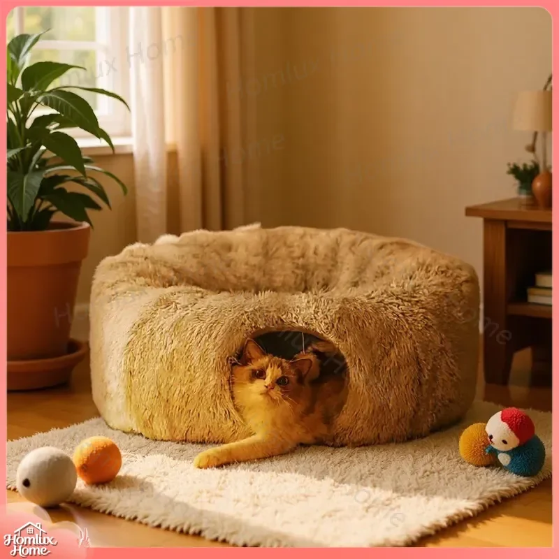 Winter Cat Nest Tunnel Round Plush Warm Pet Bed Tunnel for Cats Creative Foldable Household Cat Play Channel Indoor Cat