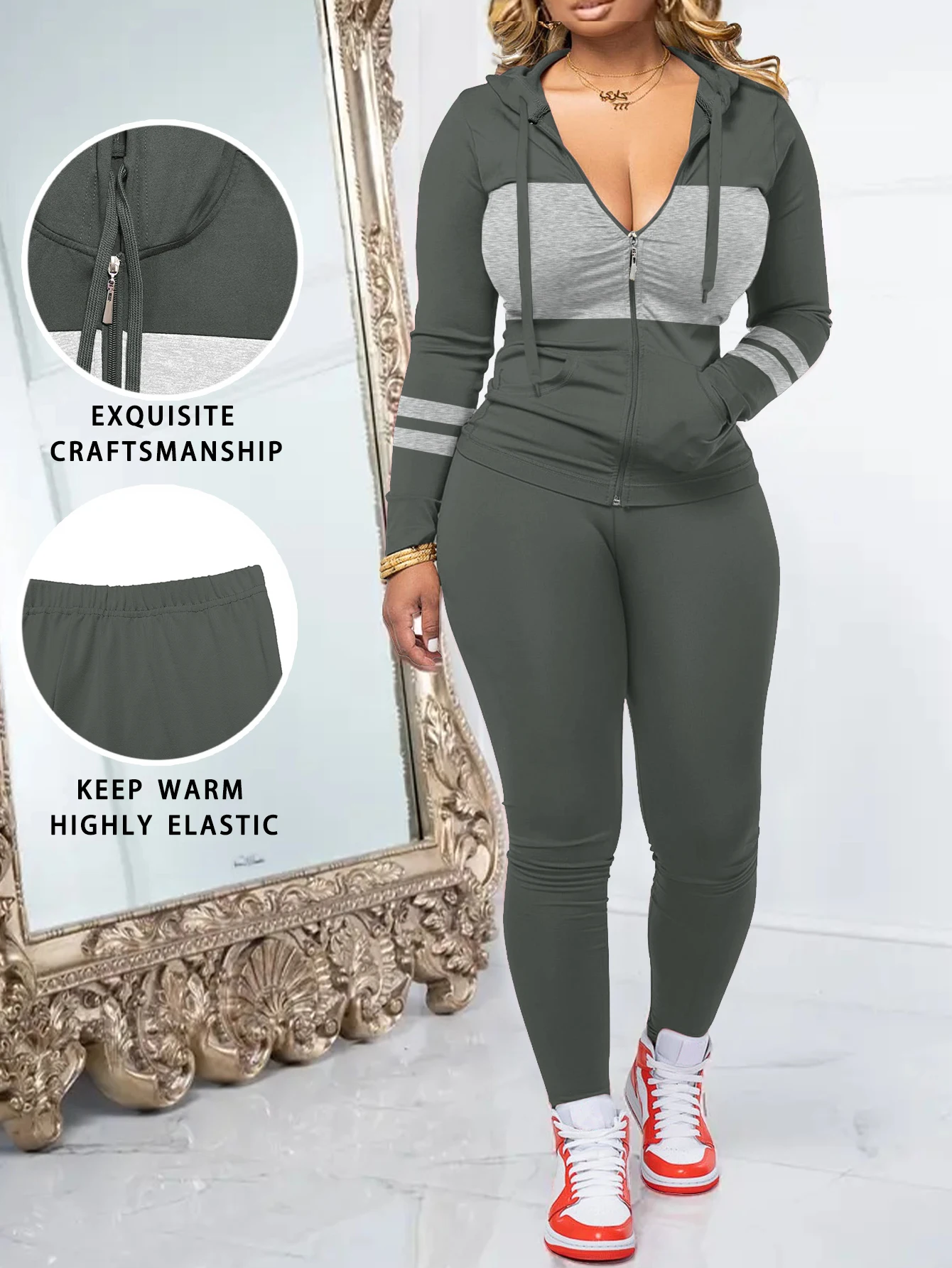 Women's Fashion Color Block Hooded Sporty Set | Classic Solid Color Grey Slim Fit Fitness Two-Piece Set | Zip-Up Sweater + High- - Image 6