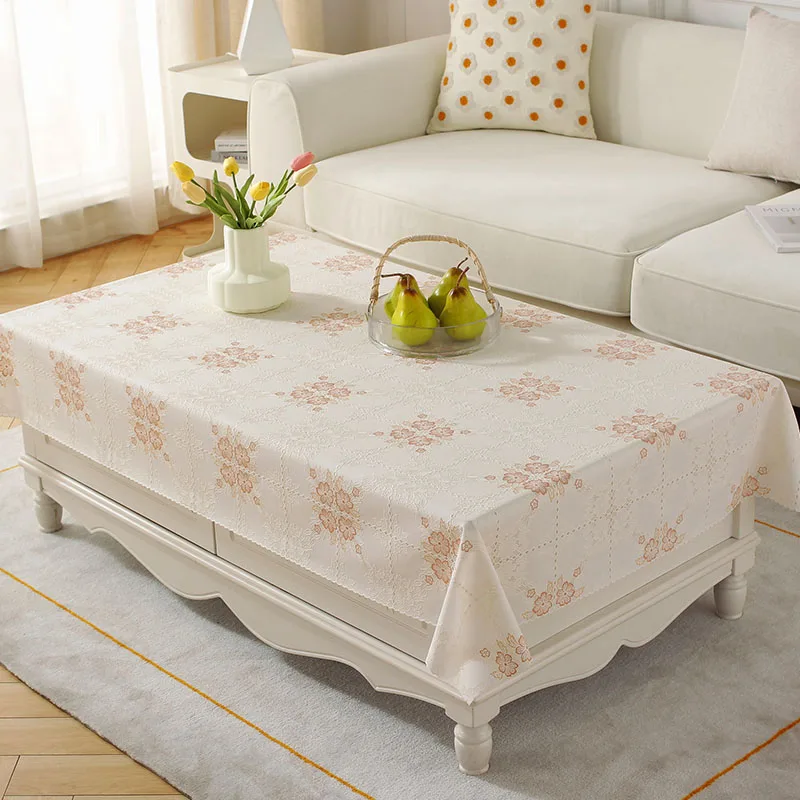 PVC Lace Tablecloth Waterproof Washable and Erasable Table Linen Tea Table Cloth Rectangular Table Cover Beige color