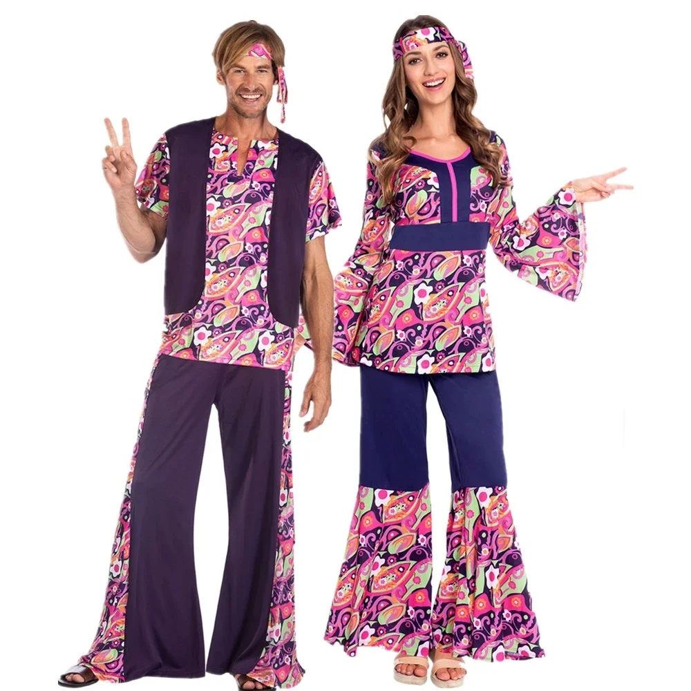 

Halloween Couple Costumes Party Hippie Costume Vintage 60s 70s Peace Love Suit Rock Disco Women Hippies Cosplay Costume