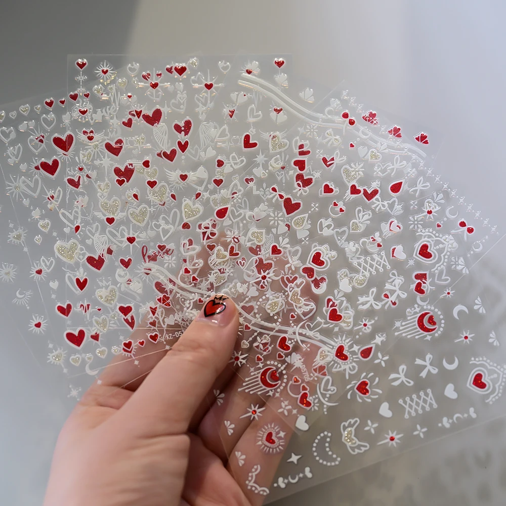 6PCS/Set Bowknot Heart Nail Sticker Red White Glitter Love Nail Art Decals DIY Self-Adhesive Nail Sliders Manicure Nail Supplies