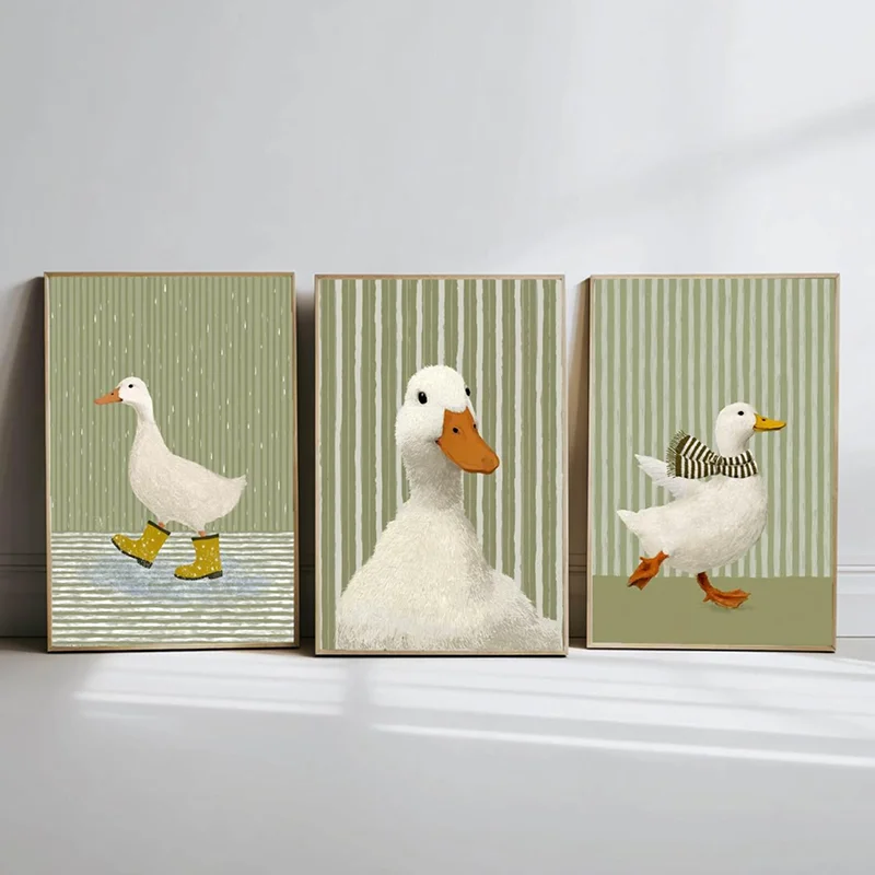 3pcs frameless Canvas Painting 3PCS Cute Duck Art Print Set  Playful Sage Green Stripes Wall Art  Whimsical Farm Animal Poster