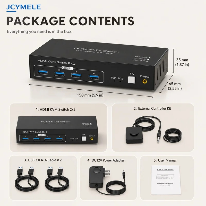 HDMI KVM Switch 2 Computers 2 Monitors 4K 60Hz USB 3.0 Hub Dual Monitor Sharing Switcher for PC Laptop 4 USB Ports JCYMELE