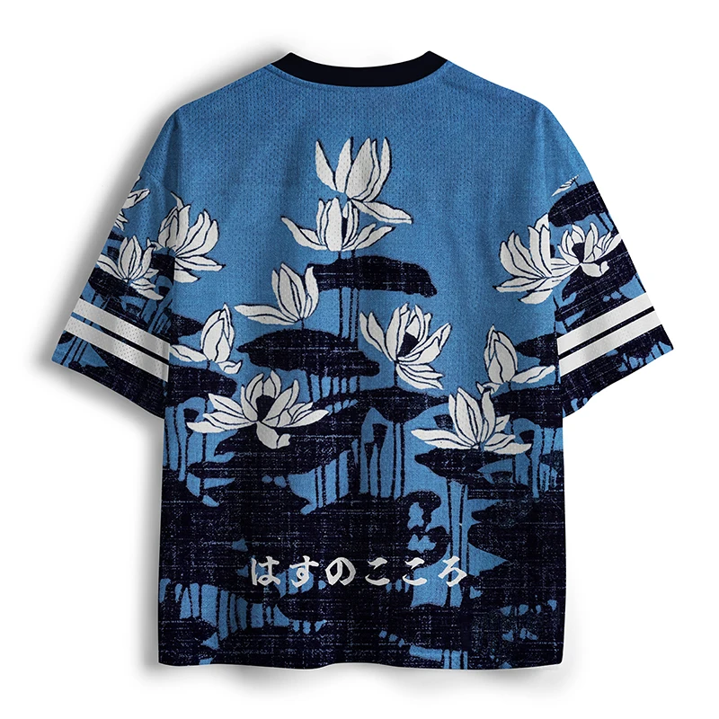 Japanese Ink Lotus Flower Japanese Text 3D Printed V-neck Mesh Short Sleeved Unisex Summer Loose and Breathable Casual Top
