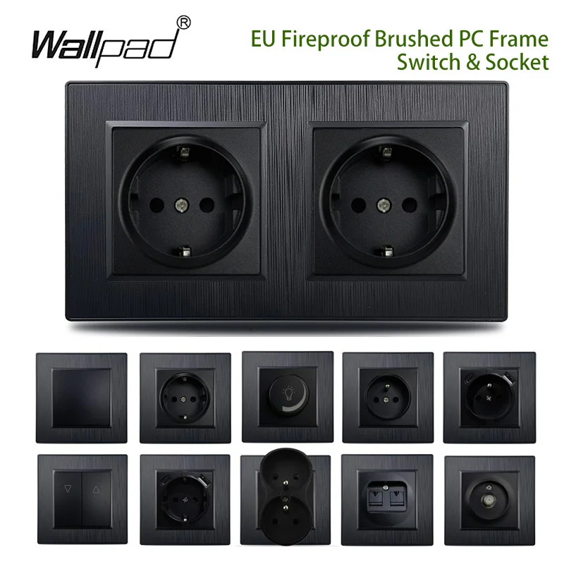 156*86mm EU French Black Brushed PC Panel Doubble EU Power Socket with USB TypeC Wallpad RJ45 Cat6 Data TV Satellite Jack Outlet