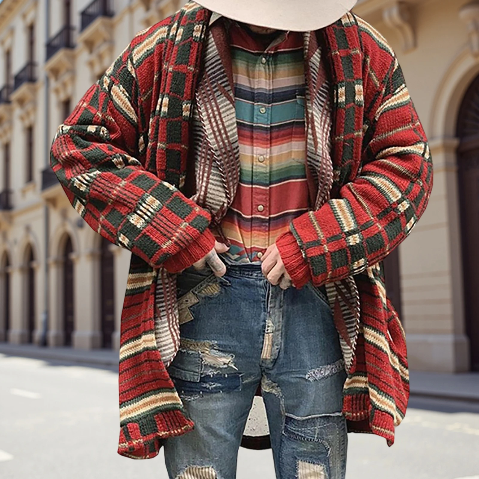 الرجعية المرأة الخريف الشتاء سترة سترة طويلة الأكمام مفتوحة الجبهة منقوشة طباعة تريكو
