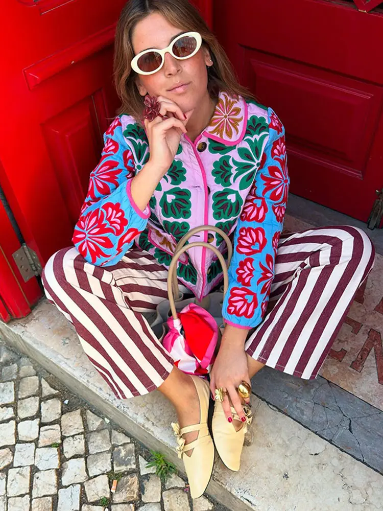 Fashion Print Panelled Quilted Cotton Jacket Women's Long Sleeve Single Breasted Pocket Coat 2025 Autumn Winter Warm Outerwear