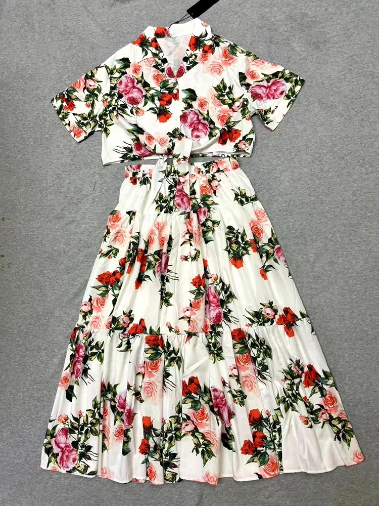 

Designer's retro printed short shirt two-piece set for summer 2025 women's wear + high-waisted pleated loose skirt fashion set