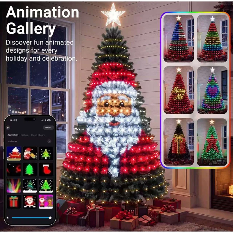 Animated Pixel Christmas Tree Lights with Star Topper Remote Control LED 8 Modes Waterproof USB Solar Holiday String Light Decor