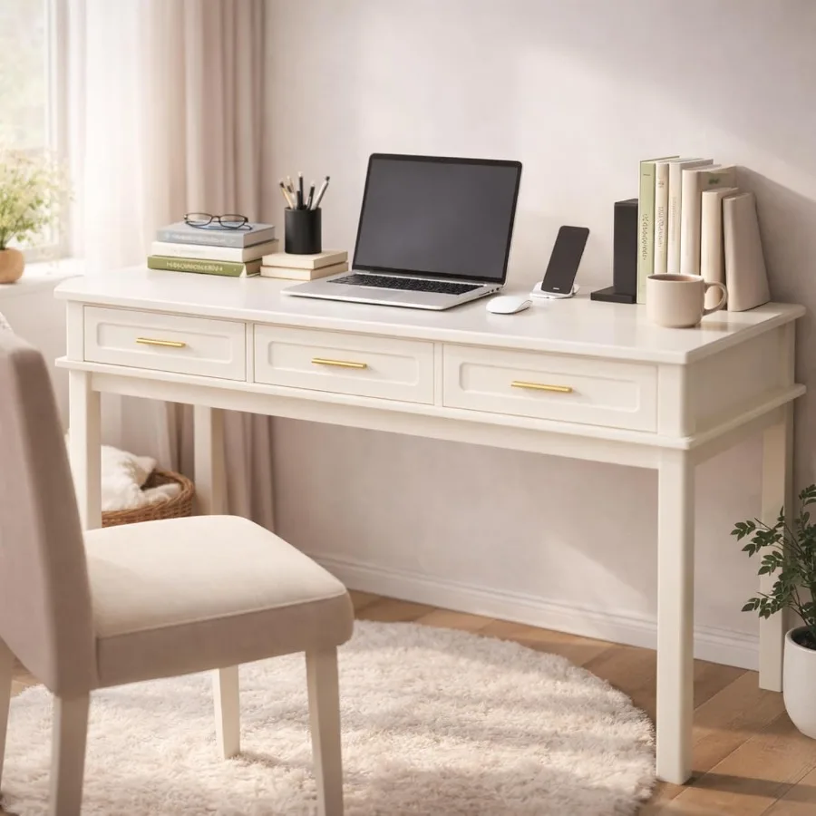 Modern Cream White Vanity Desk with 3 Smooth-Glide Drawers Multipurpose Makeup Table or Writing Desk for Bedroom, No Mirror Inc