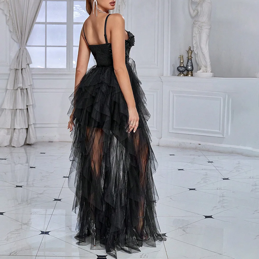 Women Sexy Mesh Cocktail Party Dress Luxurious Spaghetti Strap V Neck Corset Sequins Gala Guest Evening Dress Long Ruffle Dress