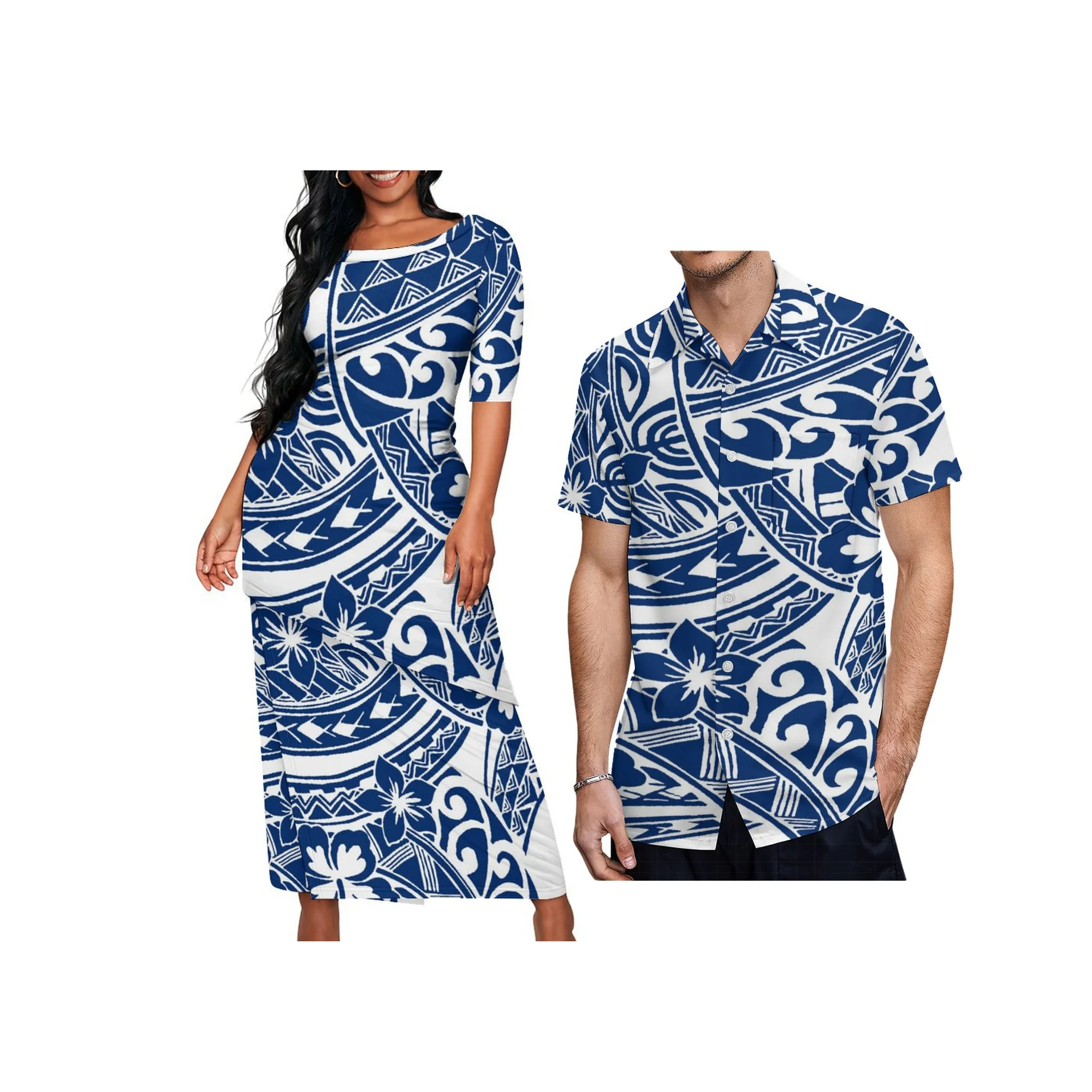 

High Quality Customized Polynesian Puletasi Set Samoa Women Half Sleeve Crew Neck Oblique Hem Dress Top And Skirt 2 Piece Set
