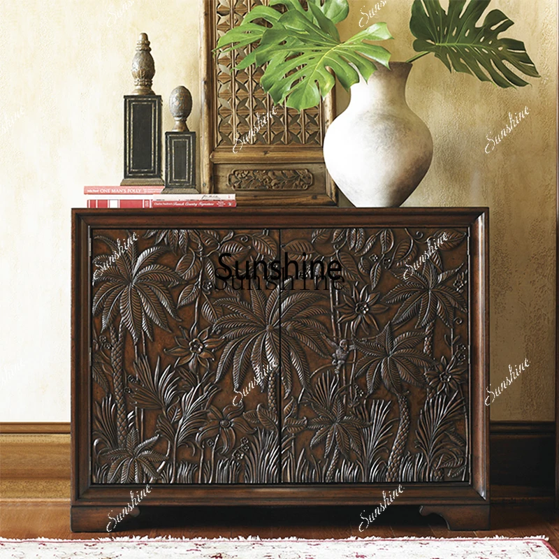 Solid wood landscape painting side cabinet two-door dish decoration cabinetX