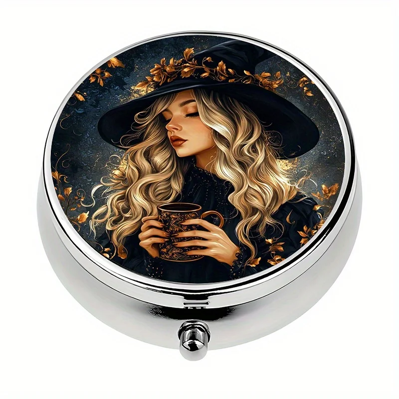 1 witch-themed autumn box with 3 compartments, container, storage organizer, decorative vitamin storage bag or wallet, flat print
