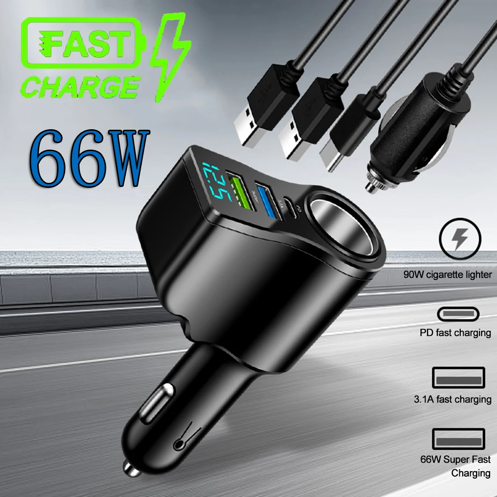 4-In-1 Power Adapter Car Charger Socket Distributor With 2 USB Ports 12V/24V USB Type-C PD Fast Charging with Digital Display