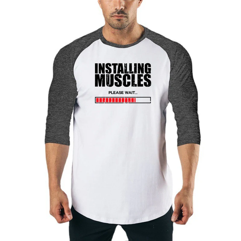 Mode Farbe Kontrast Dreiviertel Ärmel Hemden Fitness studio Bodybuilding Fitness Sport T-Shirts Baumwolle atmungsaktive Herren Lauf oberteile