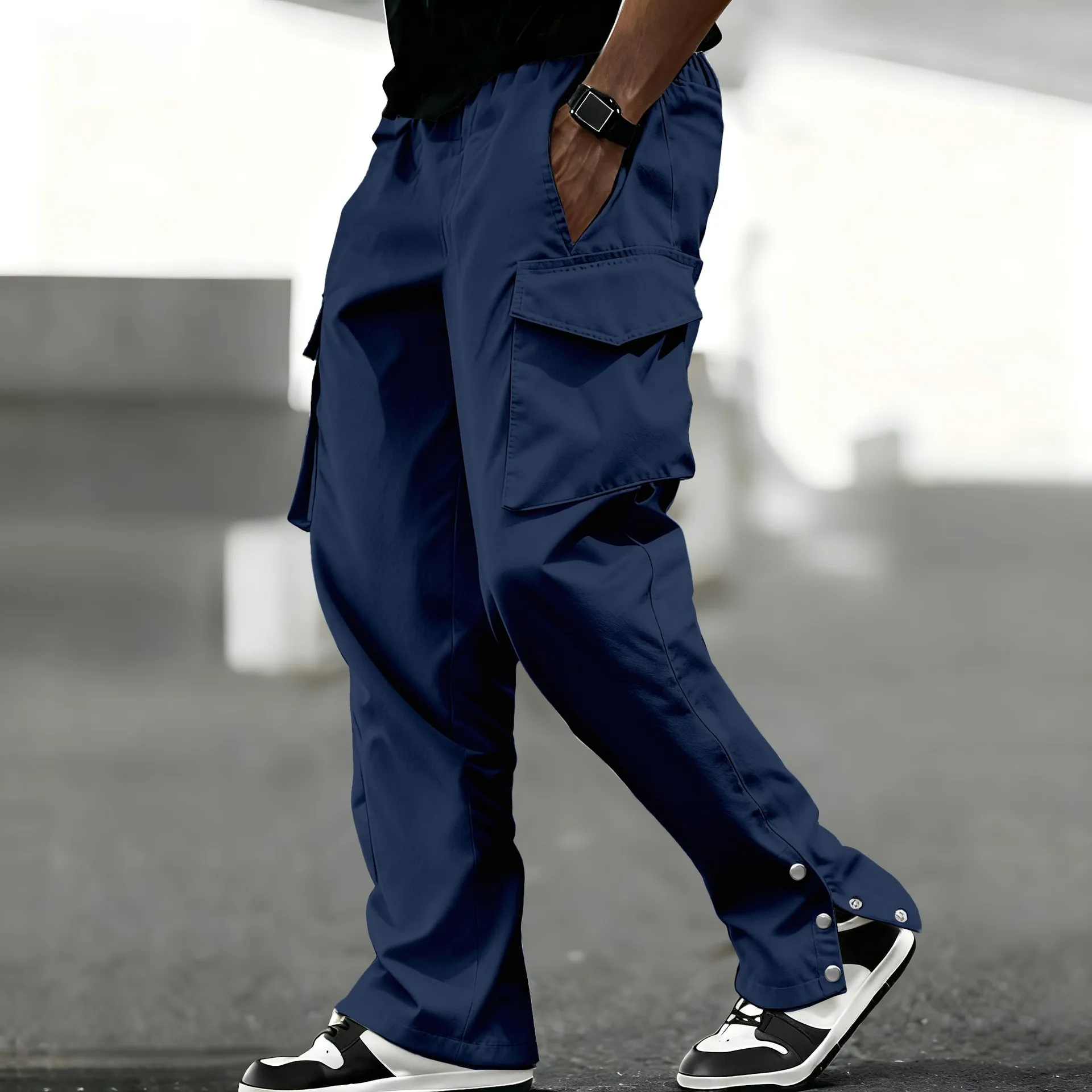 

Men's casual fashionable high street style buttoned, slit and multi-pocket work pants for autumn and winter seasons