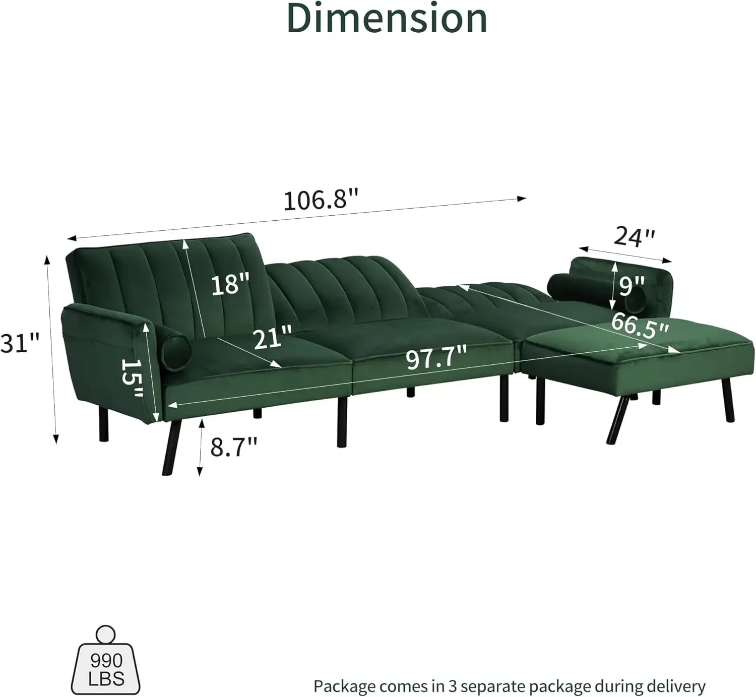 DURASPACE Velvet Sectional Convertible Sofa with Chaise, 106.5