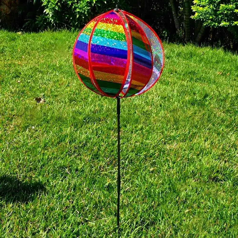 Glitter Stripe Windmill Colorful Film Durable Plastic Rotating Sphere With Stakes Rainbow Effect Reflective Pinwheels Patio Farm