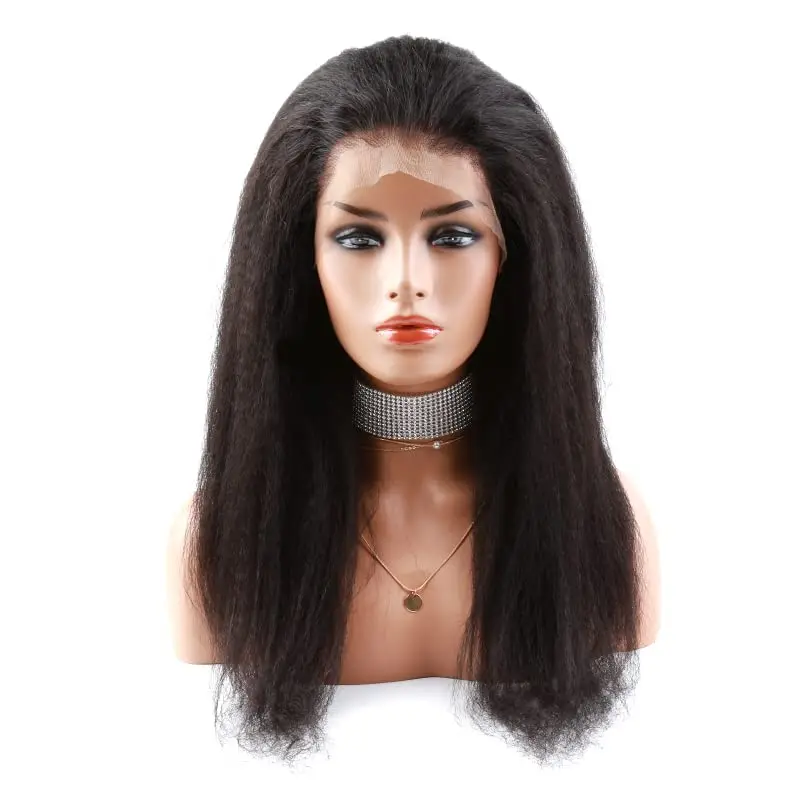 

Kinky Straight Human Hair Full Lace Wig, 250% Density Dyeable Natural Black Remy Virgin Hair Yaki Straight Wig