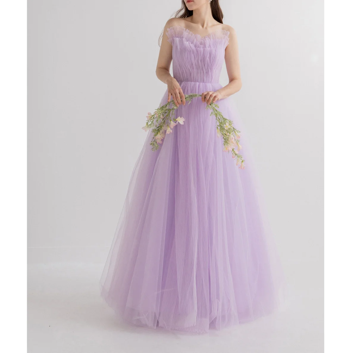 

Welove Fairy Tulle Lavender A Line Korea Evening Dresses Wedding Photo shoot Strapless Floor Length Prom Gowns Bride Dress