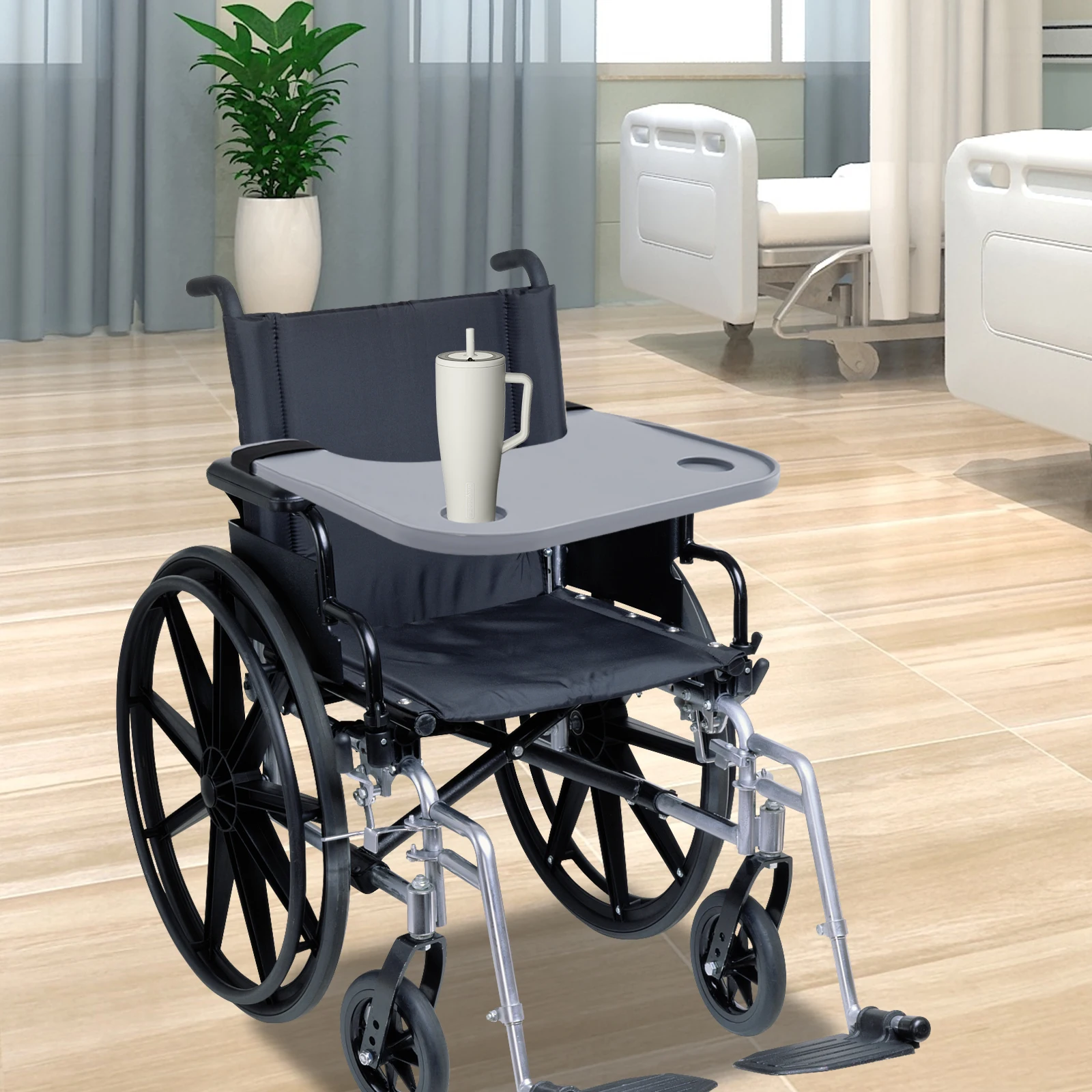 Серый поднос для инвалидных колясок — 22,83x20,87 дюйма, 2 подстаканники, нагрузка 110 фунтов, ленты на липучке для дома/медсестер