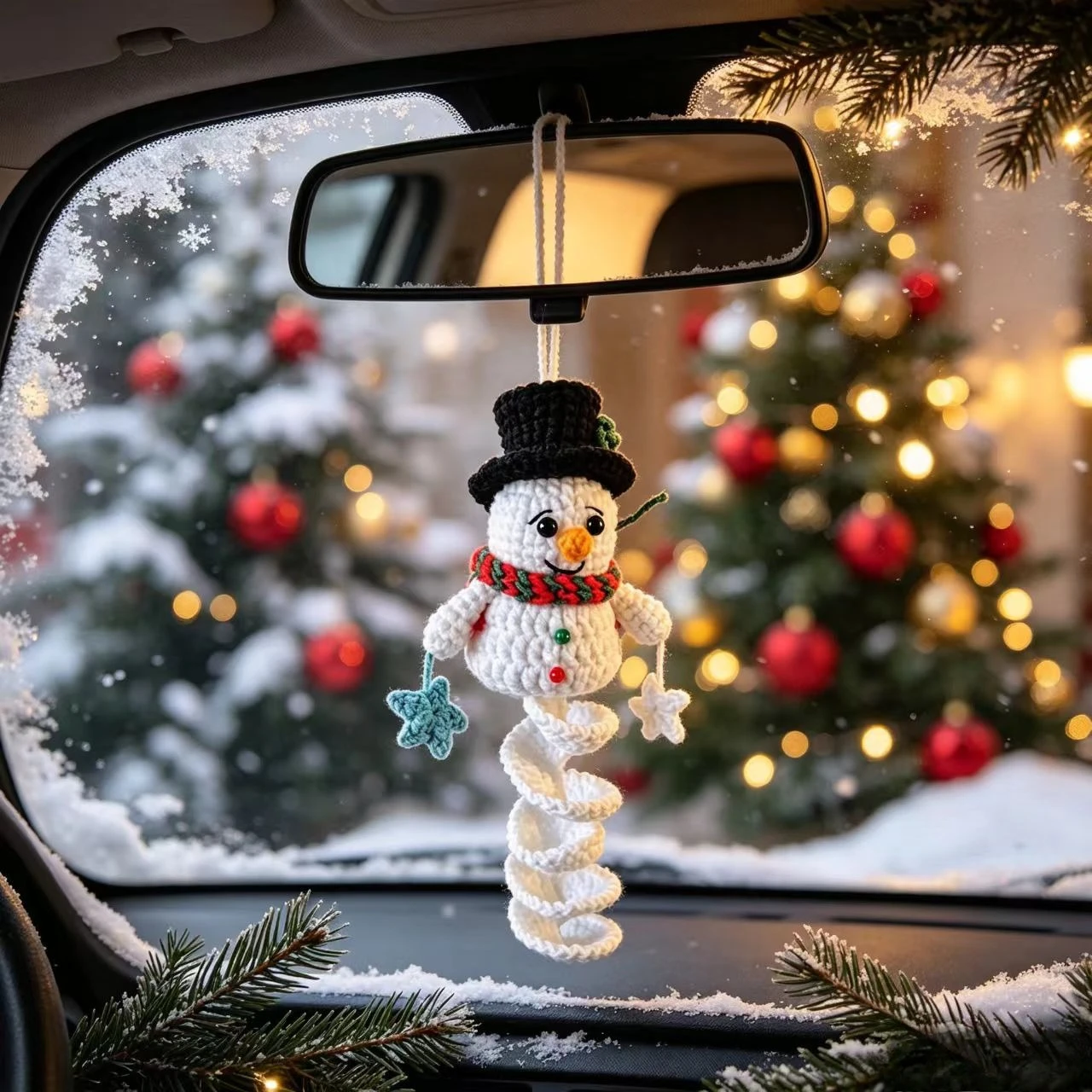 Crochet Snowman Spiral Ornament,Christmas Crochet Kit for Car Rearview Mirror,Festive Hanging Decoration