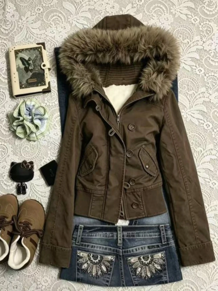 2026 New Winter Warm Faux Fur Hooded Parka Women Retro Y2K Loose Fit Cotton Padded Coat Casual Daily Streetwear Windproof Female