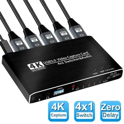 4 Port Splitter 4K Video Capture Card USB HDMI-Compatible Grabber Recorder Seamless Switch For Camera Recording Live Streaming