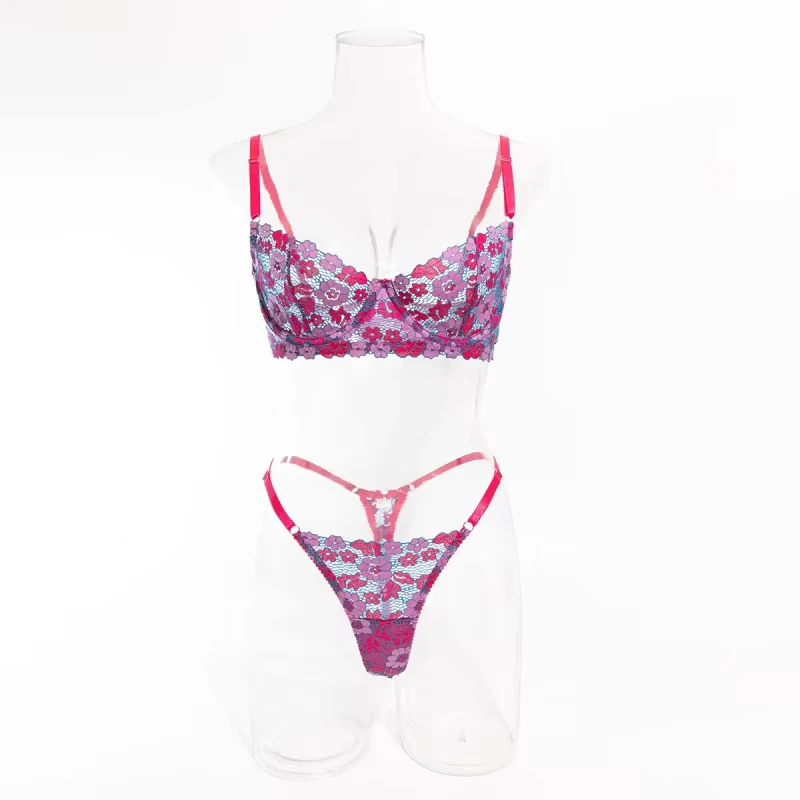 

Sexy bikini with multi-colored small floral lace and floral print, thin hollow-out bra and underwear set