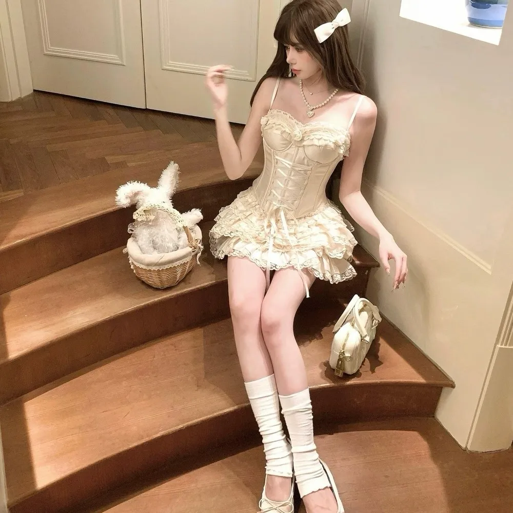 

Sweet Bow Lace Sling Top Tank Chic Slim Fluffy Cake Skirt Sleeveless Flower Skirt Suit Streetwear