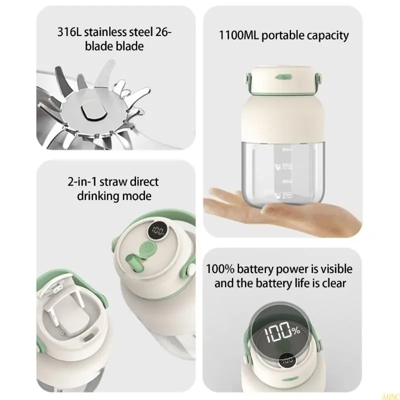 A0NC 효율적인 휴대용 쥬스 컵 스테인리스 스틸 블레이드 배터리 디스플레이 학생 및 바쁜 전문가를위한 주스 제조업체