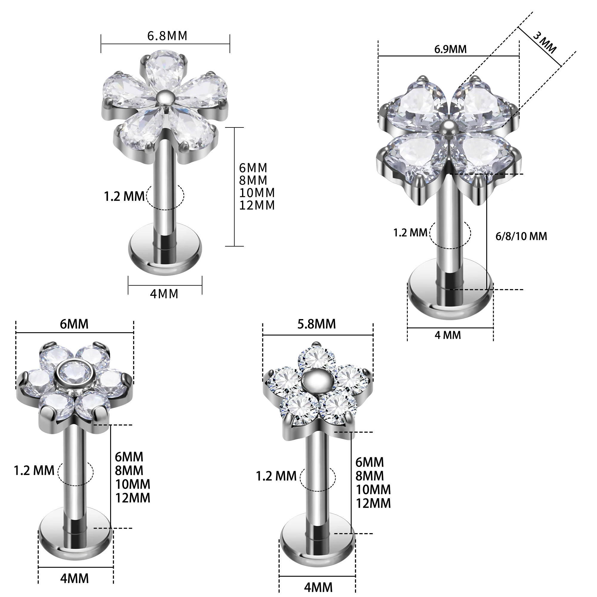 G23 Titan Bulk Bunte Sonnenblumenblüten-Perlen mit flacher Rückseite, Helix-, Tragus-, Conch-, Rook-, Lipp-, Labret- und Ohrknorpel-Piercings – Detail 1