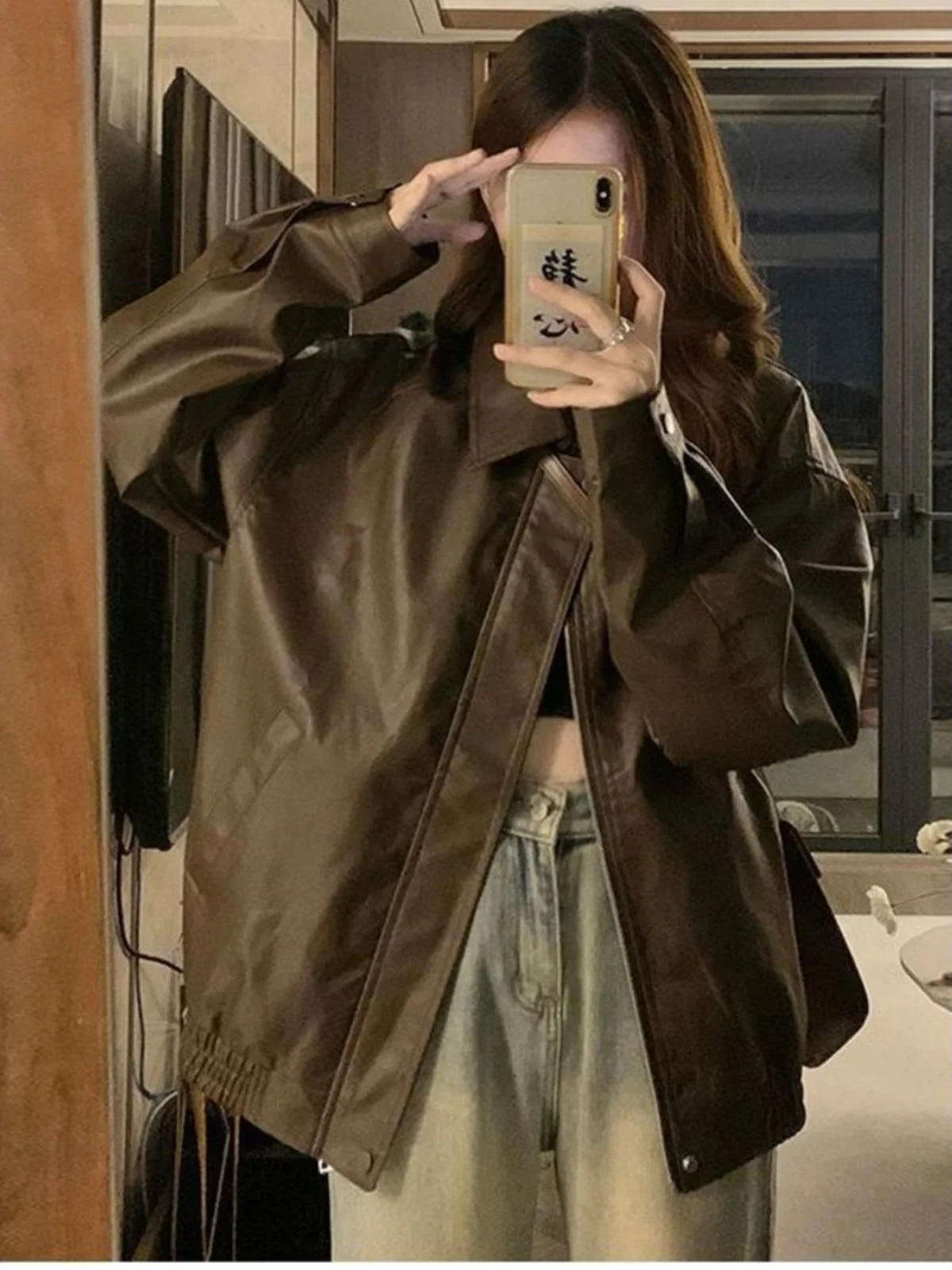 

Куртка из искусственной кожи в уличном стиле, коричневая, женская, новинка 2024 года, весна-осень-зима, американская ретро-модель, стильная мотоциклетная куртка из ПУ кожи