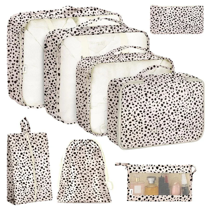 8 Piece Leopard Print Travel Suitcases Bags Solid Color Luggage Wardrobe Storage Underwear Shoes Packaging Cubes