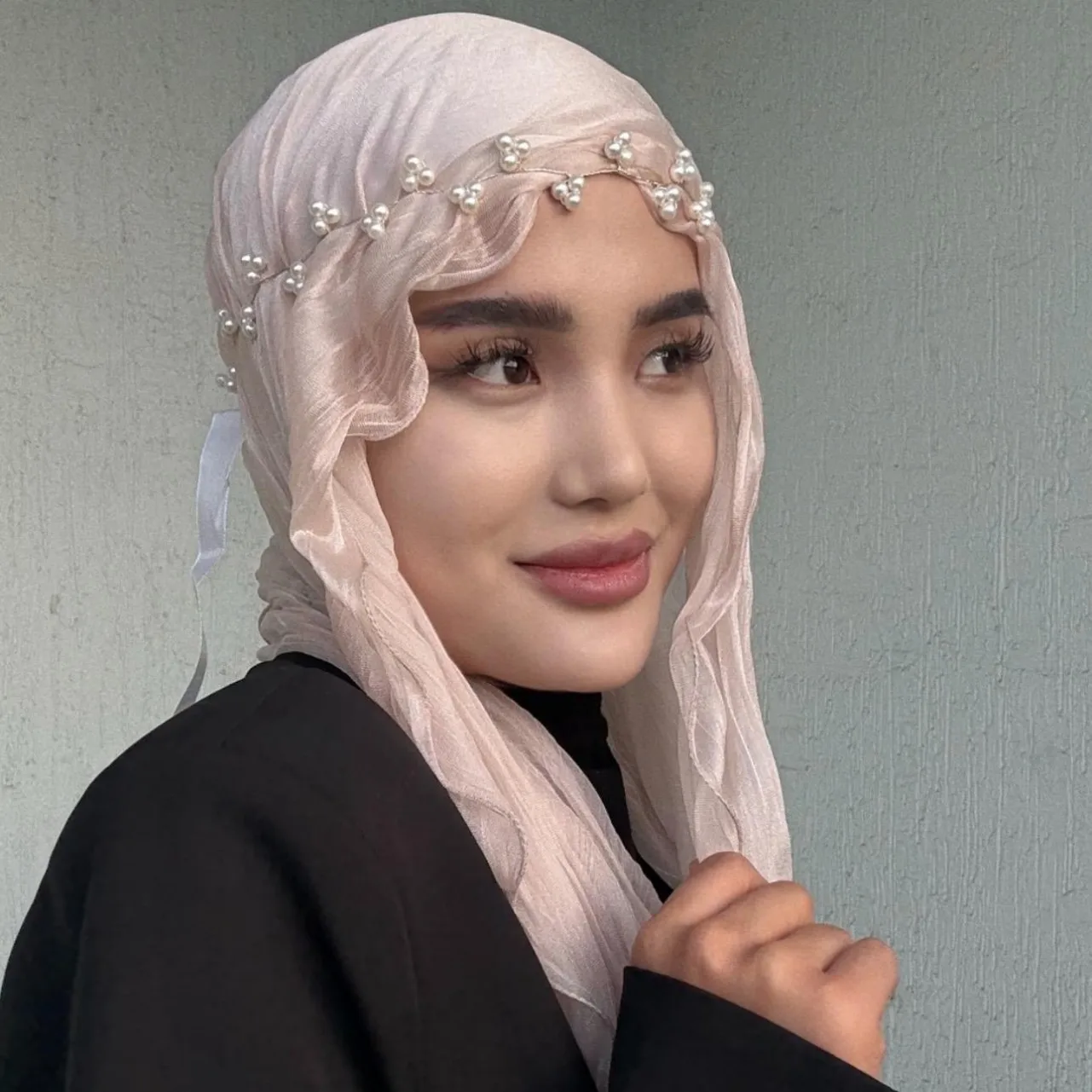 Spring and summer glossy elastic crushed gauze scarf, long pure-color breathable ruffle soft head wrap shawl