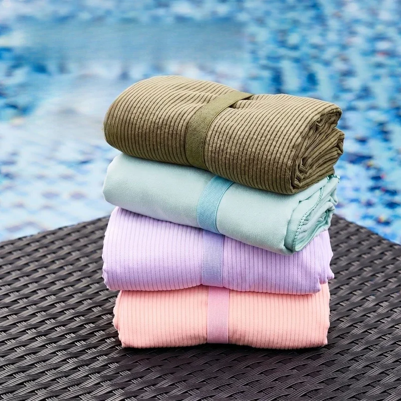 Solid Color Vertical Stripe Embossed Bath Sheet Seaside Sun Protection Cover Blanket Quick Drying Beach Towel with Buckle Design