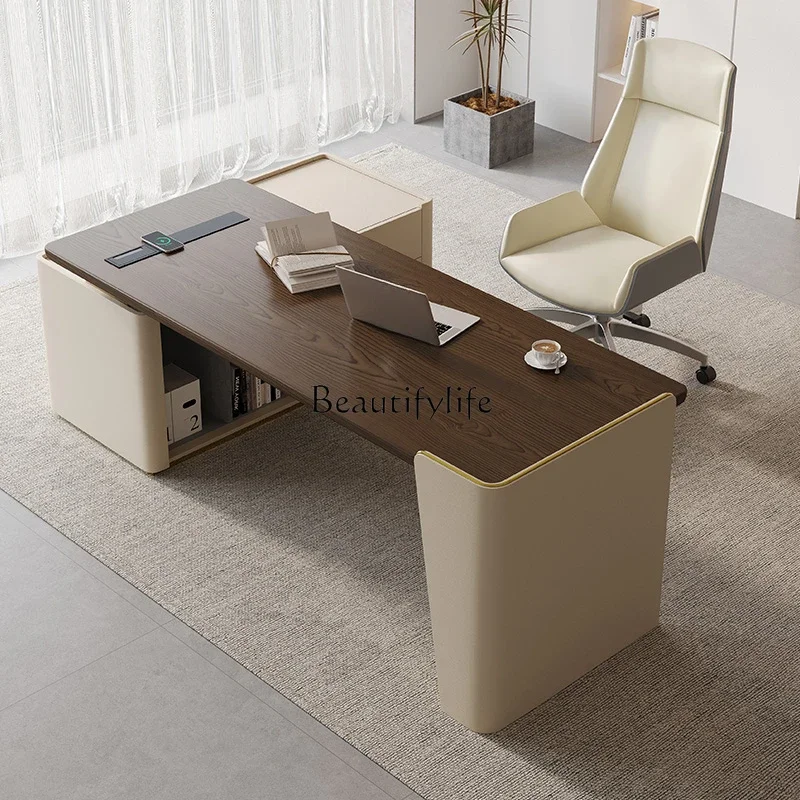 

Italian simple high-end corner computer desk L-shaped solid wood side cabinet integrated