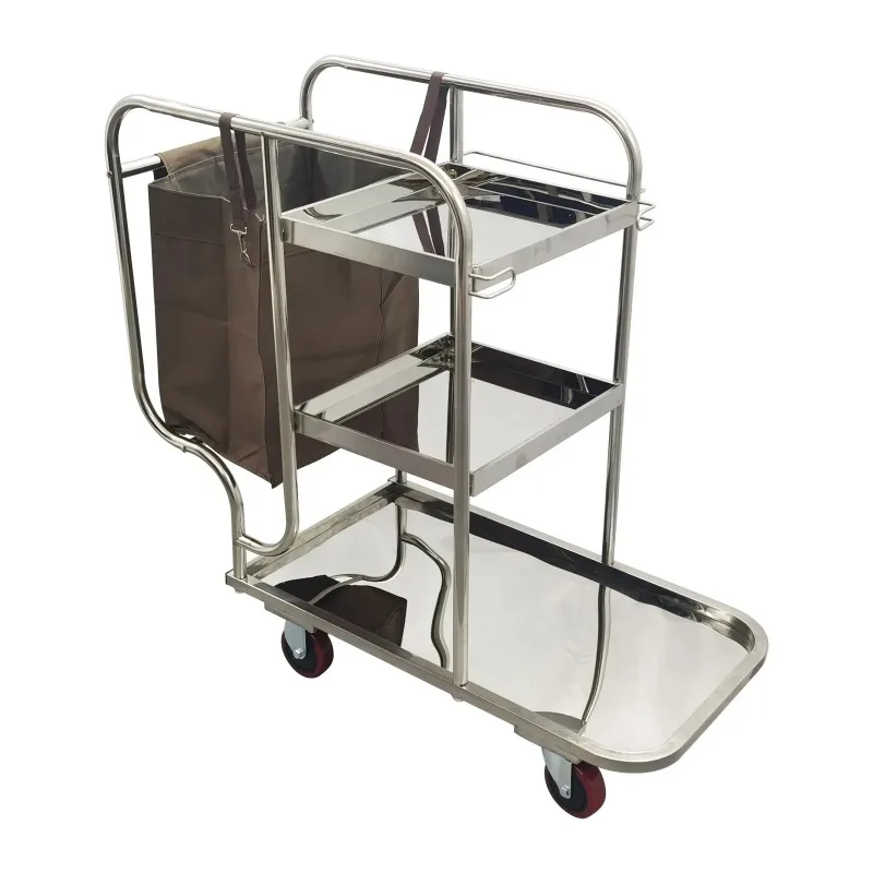 Stainless  With Bag 3 Shelf Housekeeping Cart Cleaning Supply Trolley