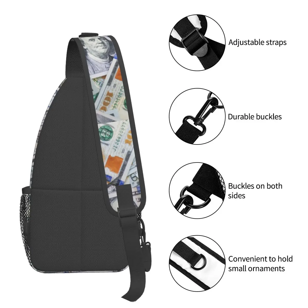 Dollar Crossbody Sling Bags, Saco Peito Pequeno, Mochila de Ombro Dinheiro, Mochila para Viagem, Caminhadas, Mochila Esportiva