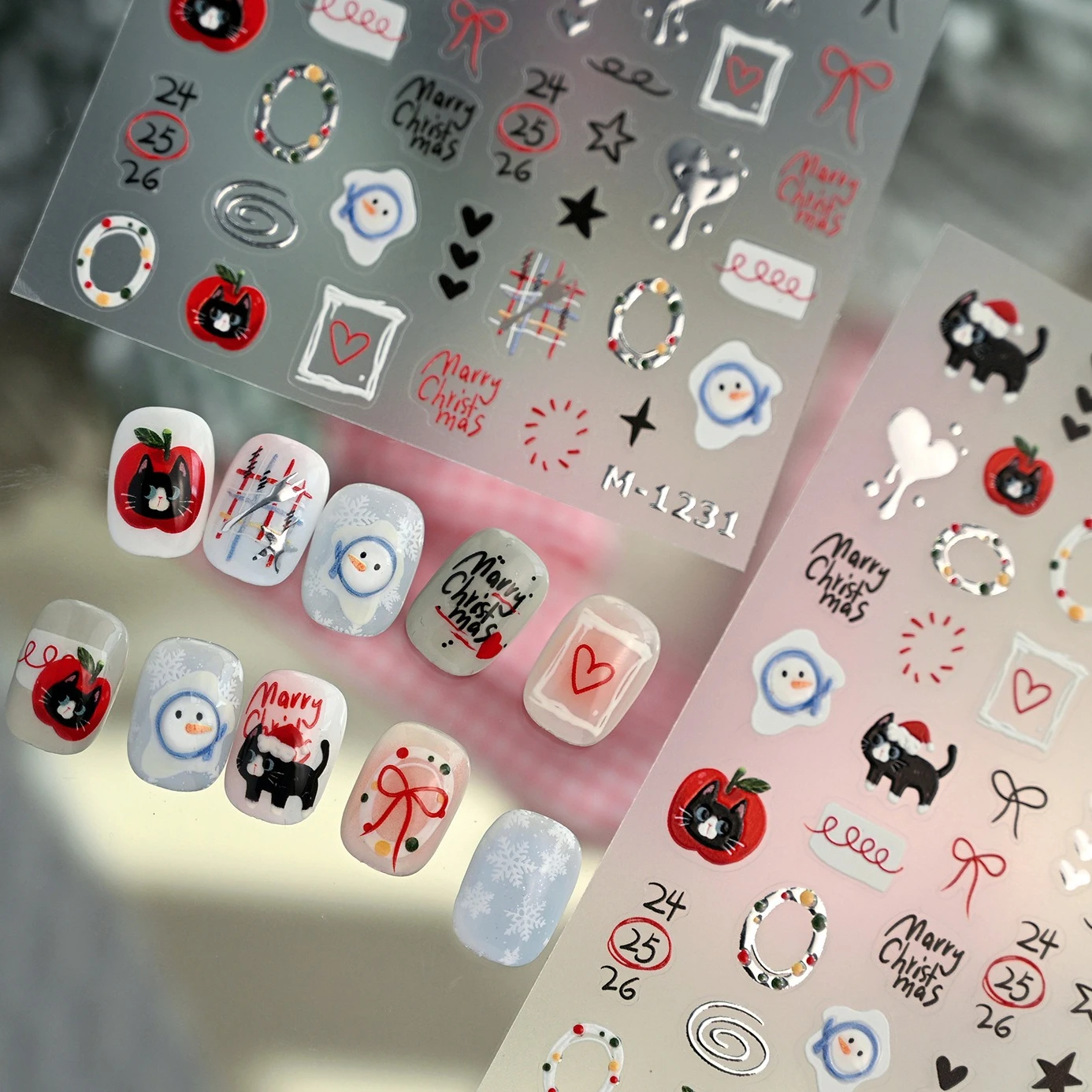 Guirnalda de muñeco de nieve de gato negro, lazo de estrella, Lava, amor, corazón, manzana, sombrero de Navidad, conejo, pegatinas autoadhesivas para decoración de uñas, calcomanía para manicura